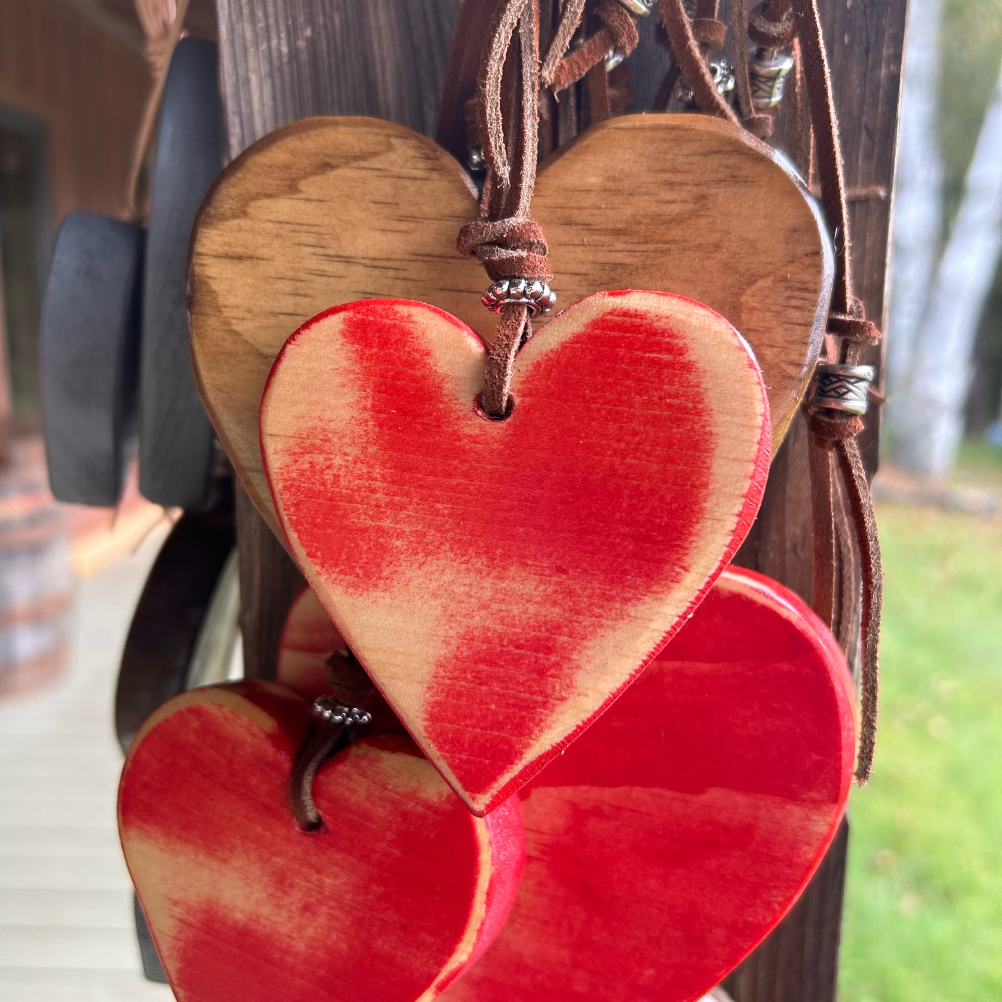 Wood Hearts. Decorative Heart Shaped Wall Hangings. Heart Decor. Red and  Wood Tones